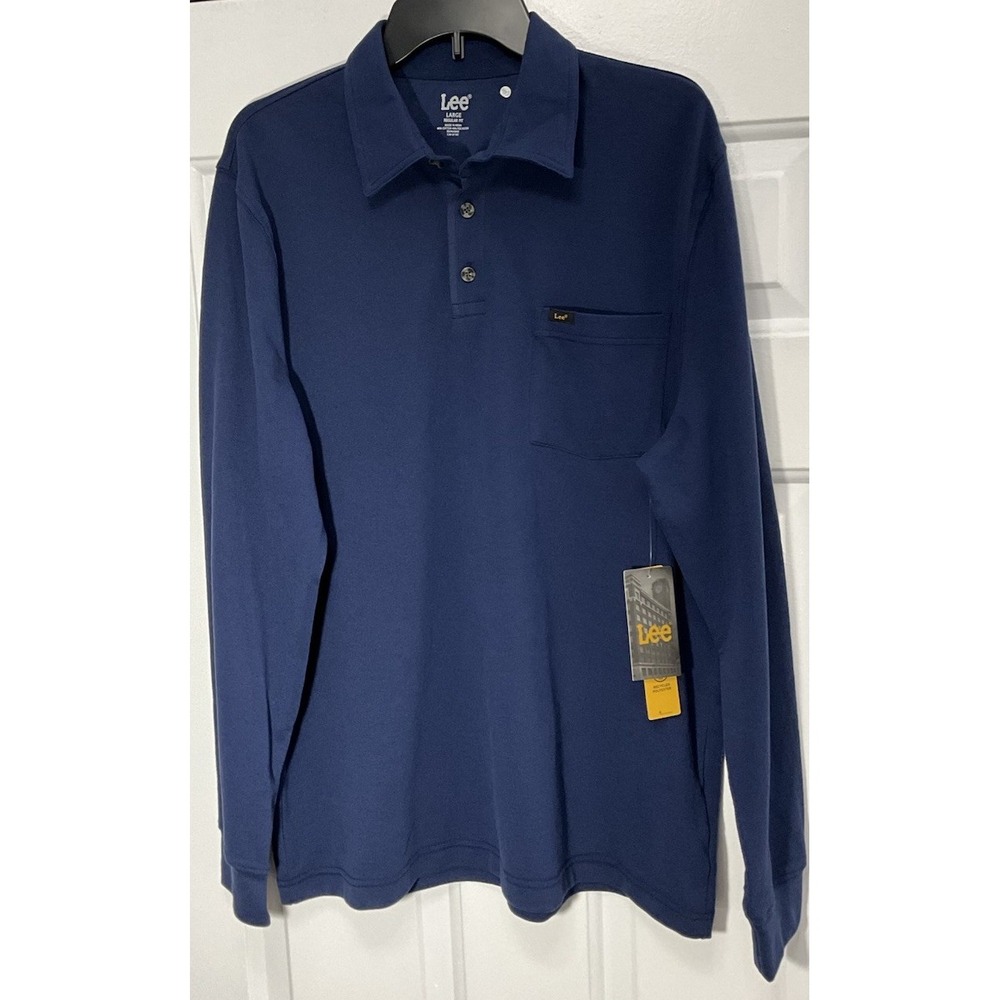 Lee Blue Denim Color Retro Long Sleeve Stretch Pockets Soft Polo Shirt Men Large